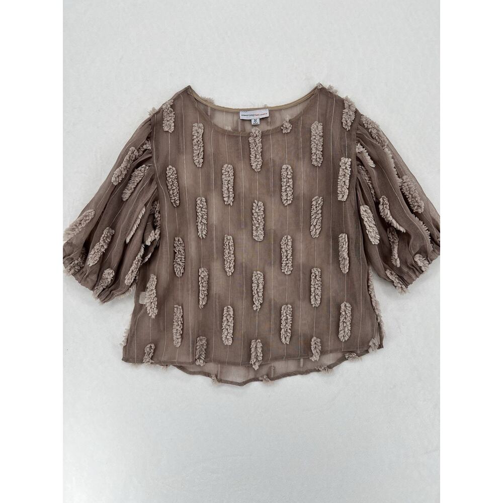 Yuni Los Angeles Taupe Textured Mesh Balloon Sleeve Sheer Blouse M